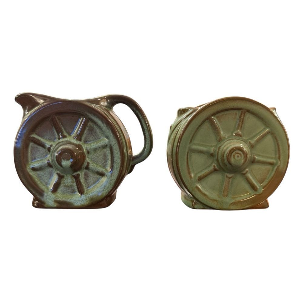 Vintage Francoma Pottery Prairie Green Wagone Wheel Creamer and Sugar Bowl Set